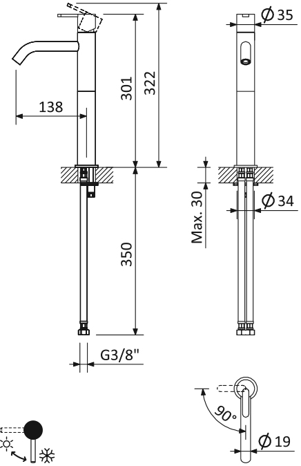 Смеситель для накладной раковины CEZARES LEAF-LC2-L-MM