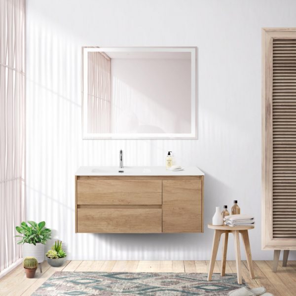 BelBagno - Тумба с раковиной подвесная с двумя ящиками и одной дверцей  KRAFT 100 Rovere Nebrasca Nature левая, раковина белая