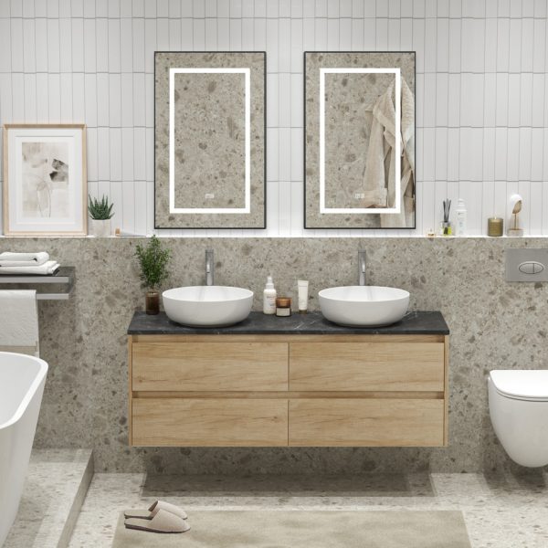 BelBagno - Тумба с четырьмя ящиками, столешницей и накладными раковинами подвесная  KRAFT 140 Rovere Nebrasca Nature