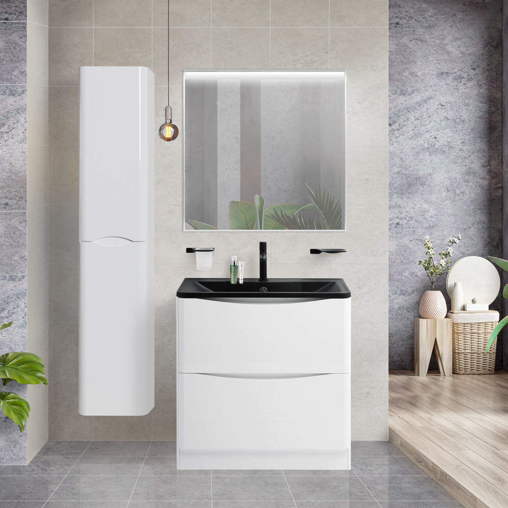 Тумба с раковиной напольная BelBagno ACQUA 80 Bianco Lucido, раковина чёрная