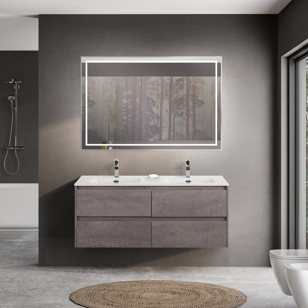 BelBagno - Тумба с четырьмя ящиками и раковиной на две чаши подвесная  KRAFT 120 Cemento Grigio , раковина белая