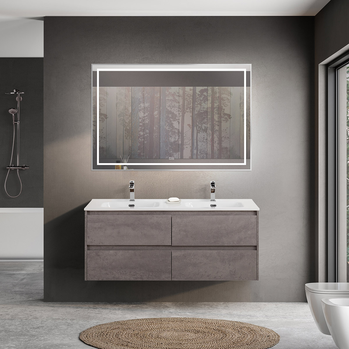Тумба с четырьмя ящиками и раковиной на две чаши подвесная BelBagno KRAFT 120 Cemento Grigio , раковина белая
