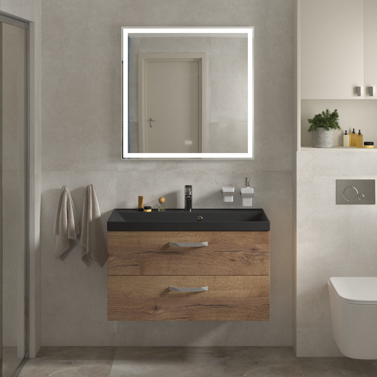 Тумба с раковиной подвесная BelBagno AURORA 90 Rovere Tabacco, раковина чёрная