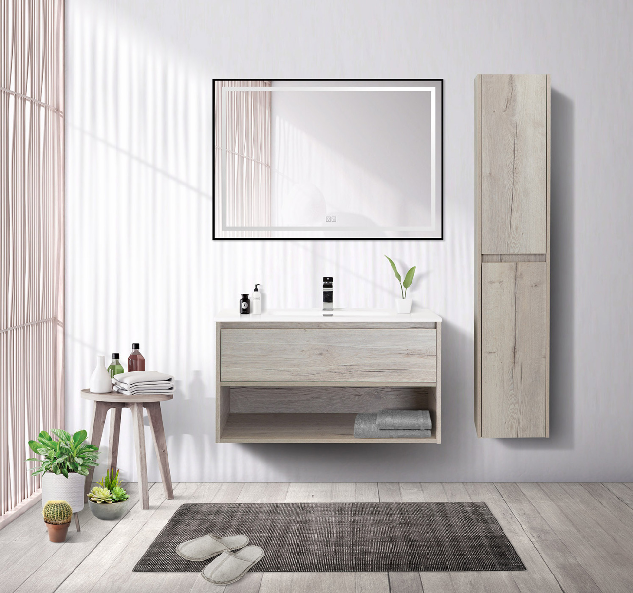 Тумба c раковиной подвесная с одним ящиком и одной открытой полкой BelBagno KRAFT 80 Rovere Galifax Bianco, раковина белая