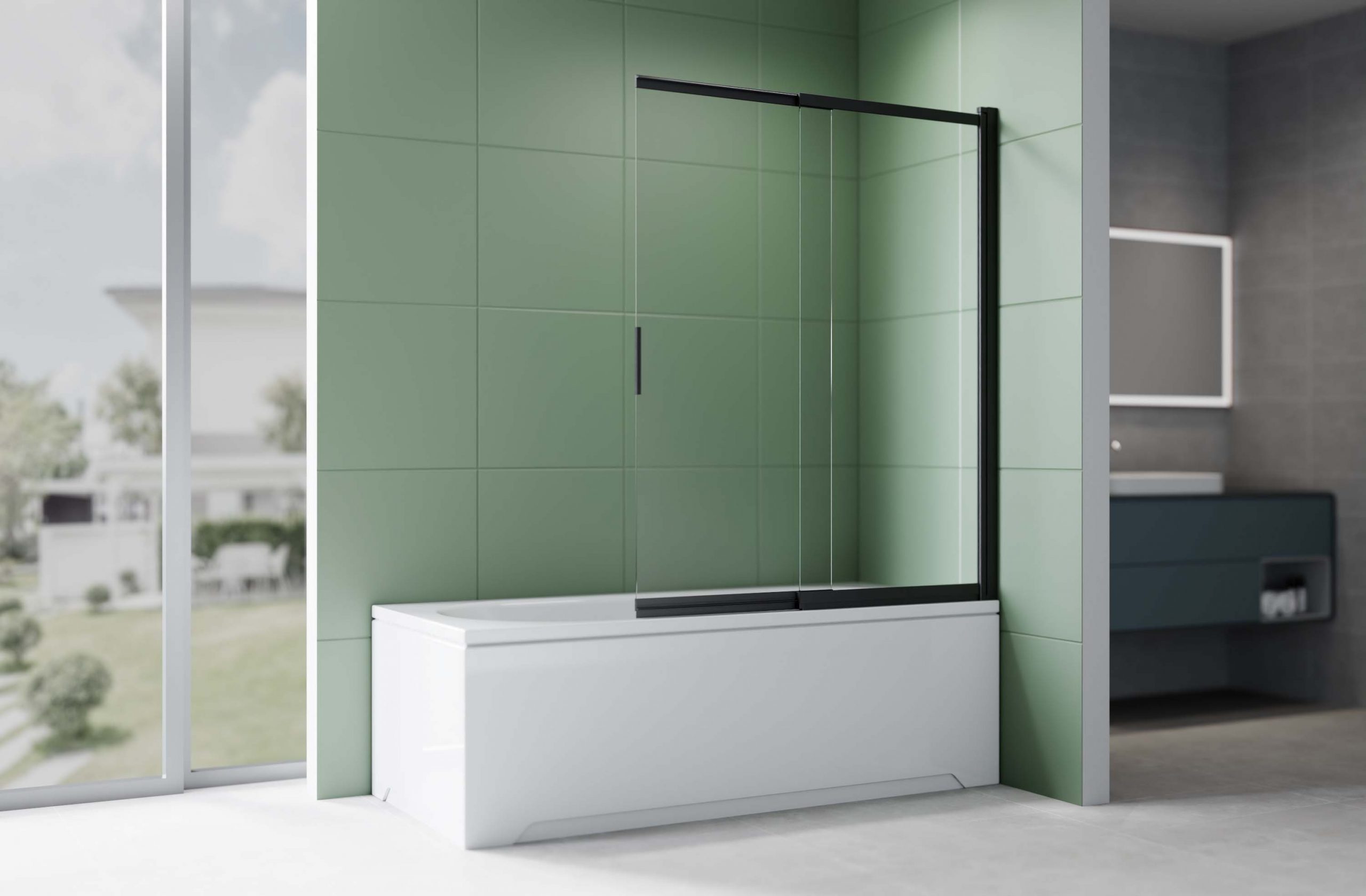 Шторка на ванну стеклянная 100см, раздвижная, двухэлементная, черная матовая, Aquatek AQ.BSS.100.1BL, стекло прозрачное, закаленное