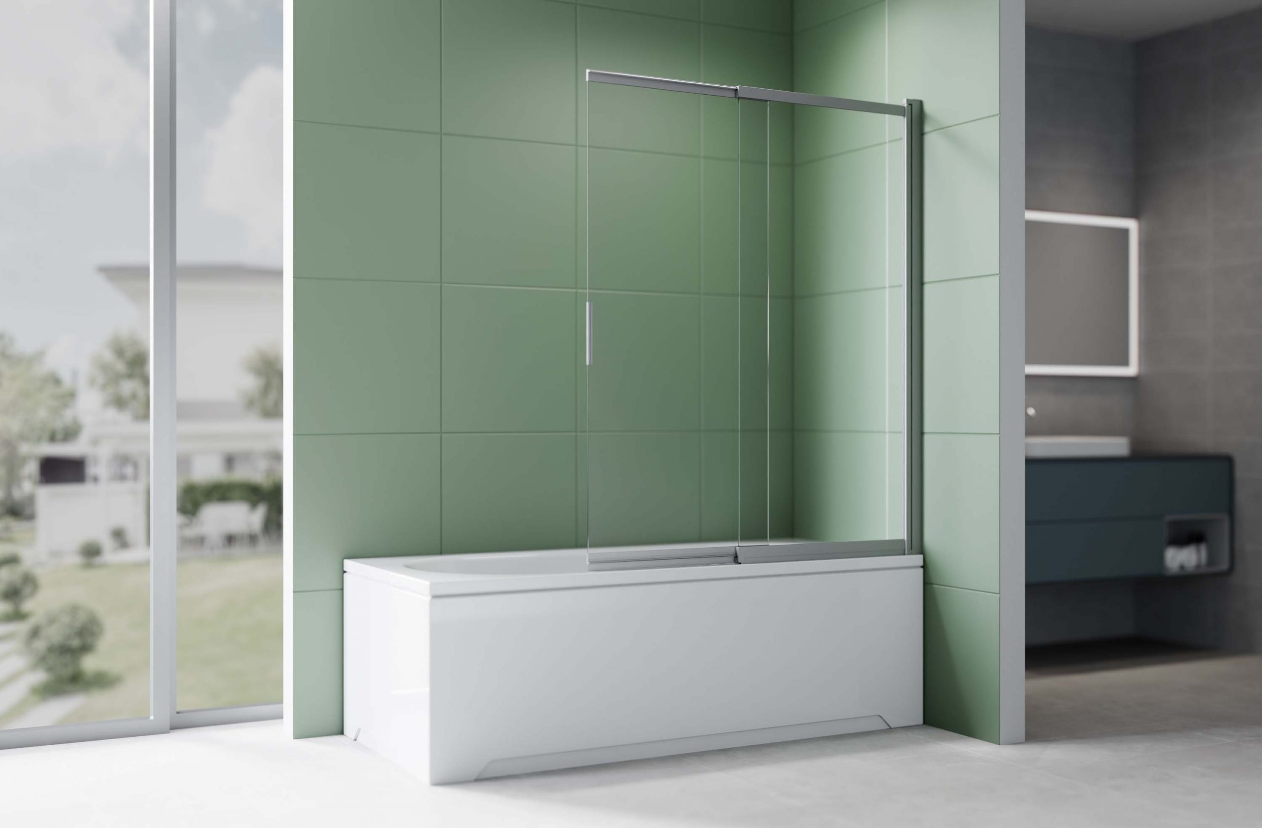 Шторка на ванну стеклянная 100см, раздвижная, двухэлементная профиль оружейная сталь, Aquatek AQ.BSS.100.1GM, стекло прозрачное, закаленное