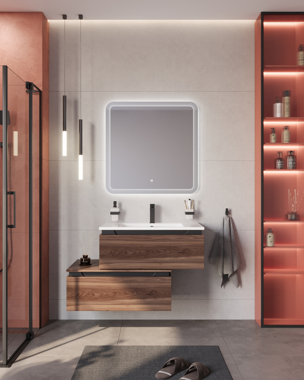 Тумба с раковиной подвесная с нижней тумбой CEZARES SLIDER 80 Орех дымчатый, раковина белая