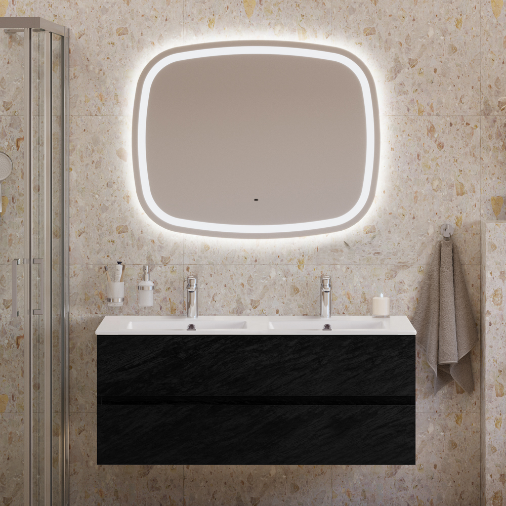 Тумба с раковиной на две чаши подвесная CEZARES MOLVENO 46 120 Nero, раковина белая CZR-8070-120-2