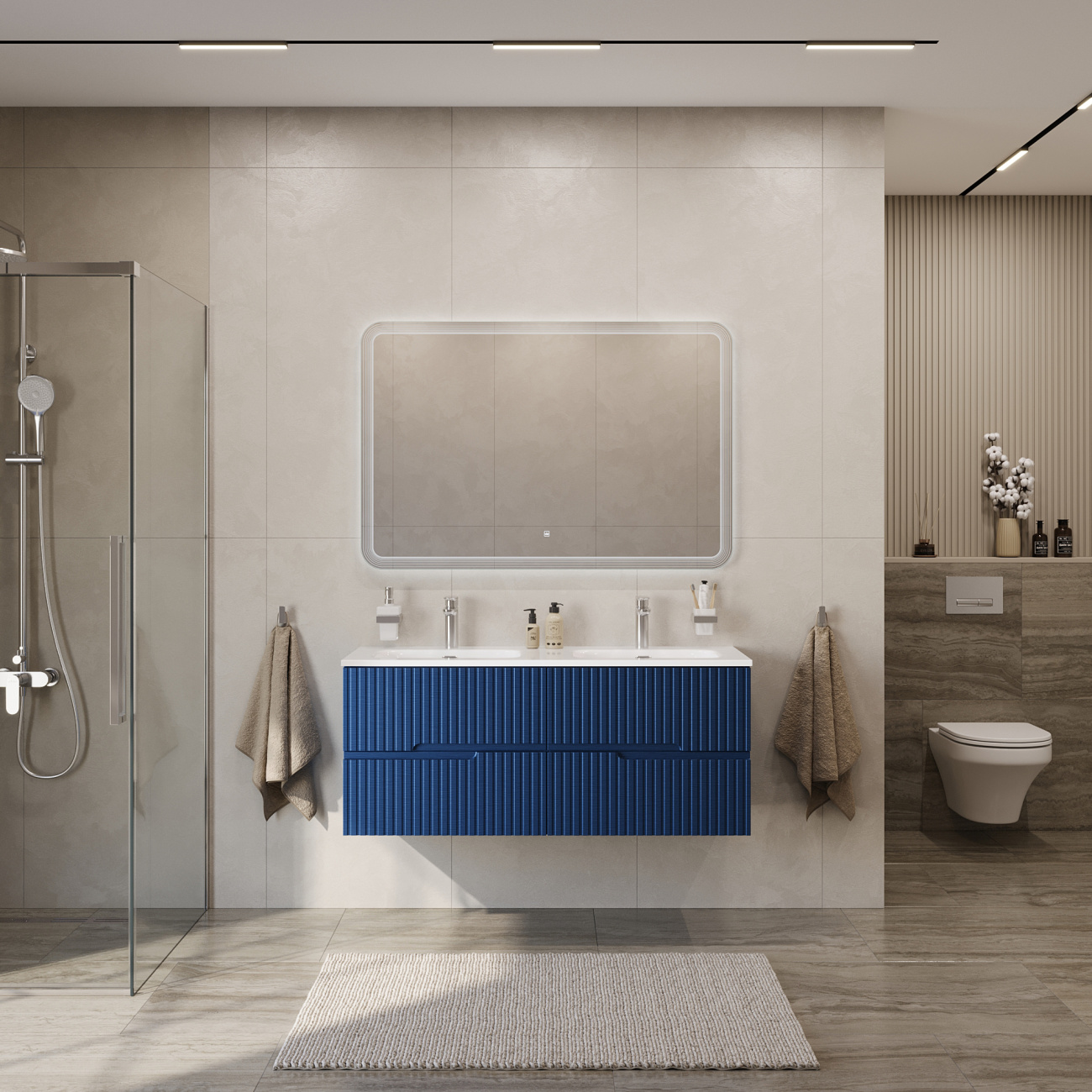 Тумба с раковиной подвесная с четырьмя ящиками CEZARES DUET-N 120 Sapfiro, раковина белая с двумя чашами CZR-8073-120-2