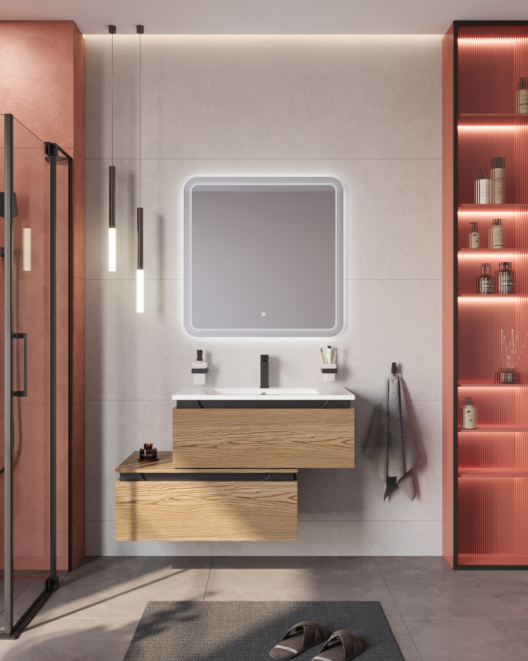 Тумба с раковиной подвесная с нижней тумбой CEZARES SLIDER 80 Дуб Тангент, раковина белая