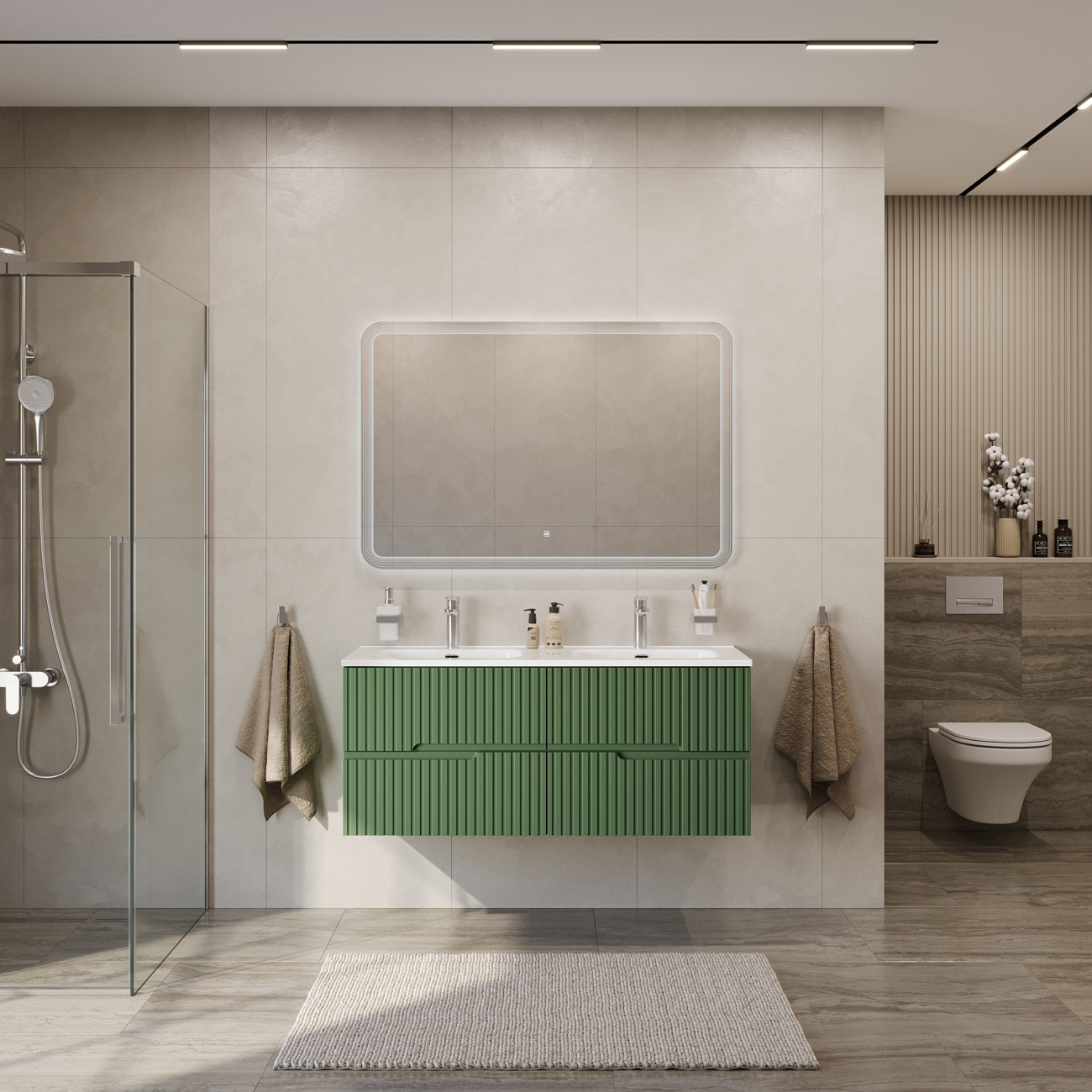 Тумба с раковиной подвесная с четырьмя ящиками CEZARES DUET-N 120 Фисташковый Софт, раковина белая с двумя чашами CZR-8095-120-2