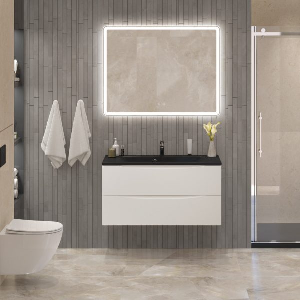 BelBagno - Тумба с раковиной подвесная  MARINO 100 Bianco Lucido, раковина чёрная BB1000/445-LV-ART-PR-NERO