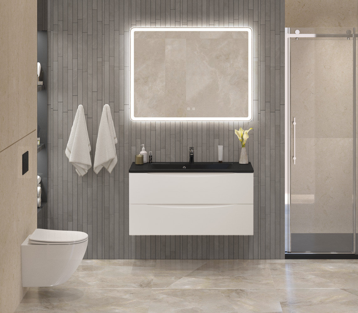 Тумба с раковиной подвесная BelBagno MARINO 100 Bianco Lucido, раковина чёрная BB1000/445-LV-ART-PR-NERO