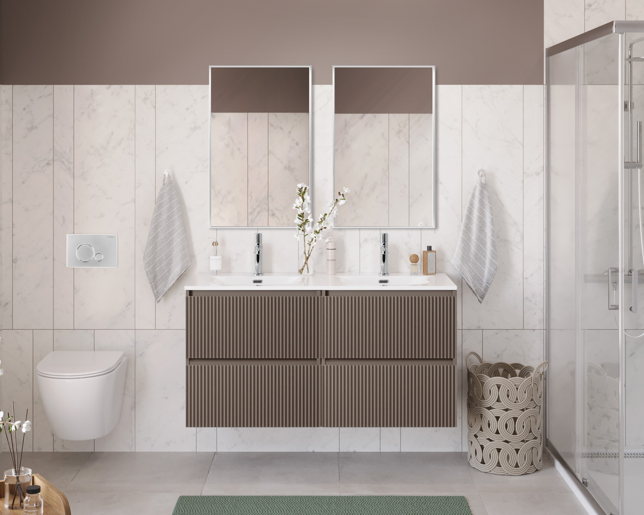 Тумба с раковиной подвесная с четырьмя ящиками BelBagno UNO 120 Бежевый матовый, раковина BB-8099-120-2