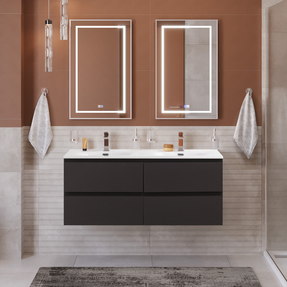 Тумба с четырьмя ящиками и раковиной на две чаши подвесная BelBagno KRAFT 120 Темно-Серый Матовый, раковина BB-8099-120-2