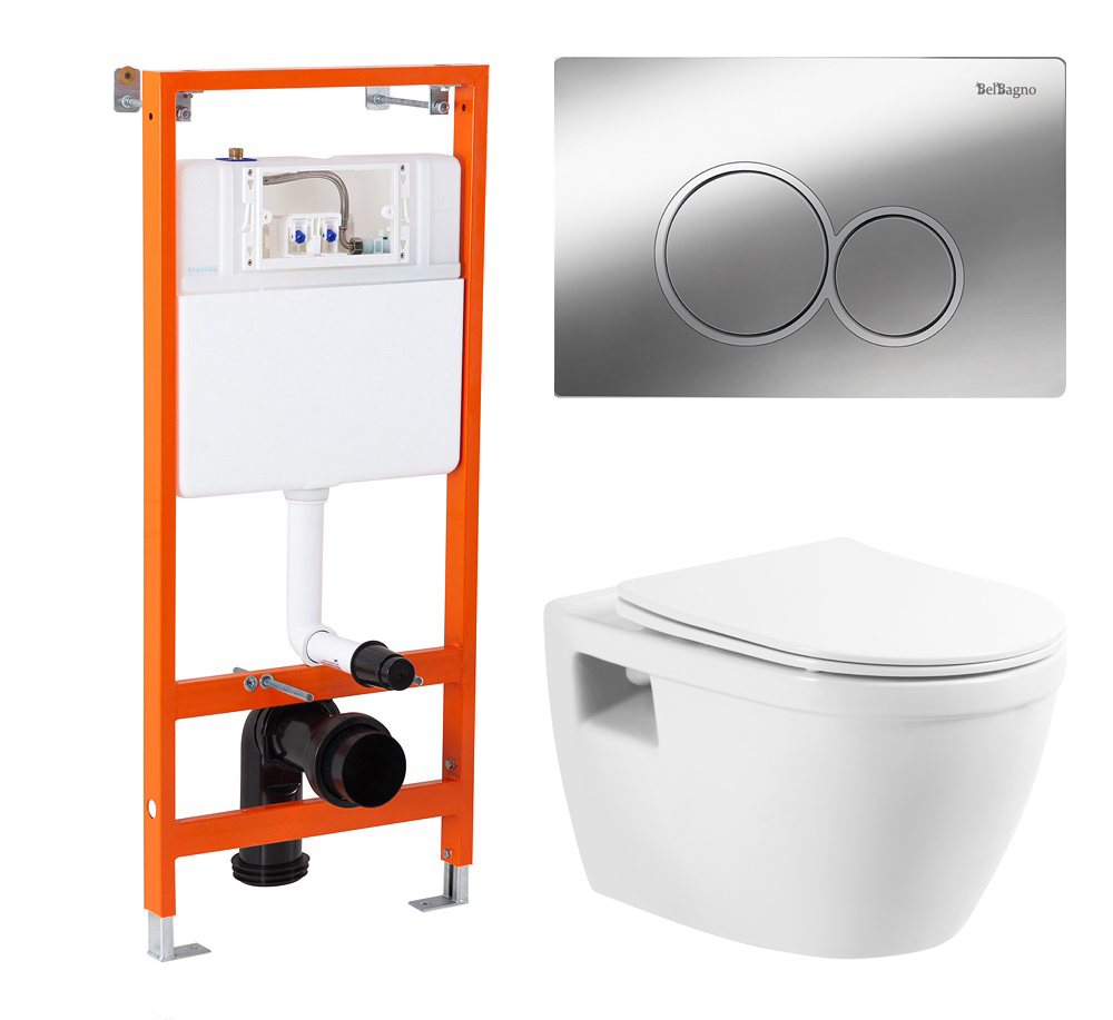 Комплект 3 в 1 Унитаз подвесной с сиденьем BelBagno LOTO BB070CHR/SC + Система инсталляции для унитазов BelBagno